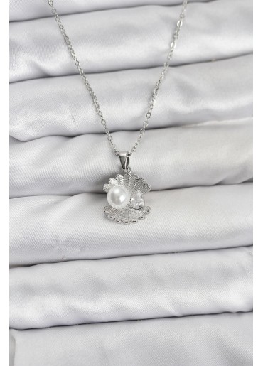 Erb 316L Çelik Zincir Gümüş Renk İstiridye İnci Model Zirkon Taşlı Kadın Kolye