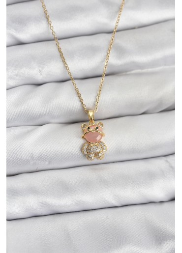Erb 316L Çelik Zincir Gold Renk Teddy Bear Model Zirkon Taşlı Kadın Kolye