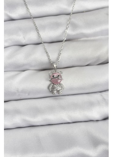 Erb 316L Çelik Zincir Gümüş Renk Teddy Bear Model Zirkon Taşlı Kadın Kolye
