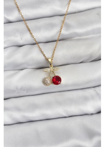 Erb 316L Çelik Zincir Gold Renk Kiraz Model Zirkon Taşlı Kadın Kolye