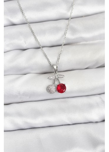 Erb 316L Çelik Zincir Gümüş Renk Kiraz Model Zirkon Taşlı Kadın Kolye