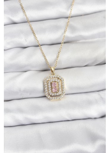 Erb 316L Çelik Zincir Gold Renk Plaka Model Zirkon Taşlı Kadın Kolye