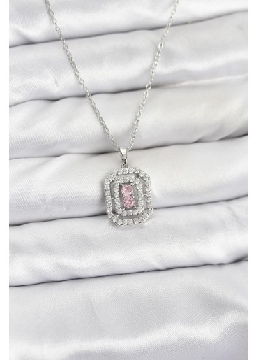 Erb 316L Çelik Zincir Gümüş Renk Plaka Model Zirkon Taşlı Kadın Kolye