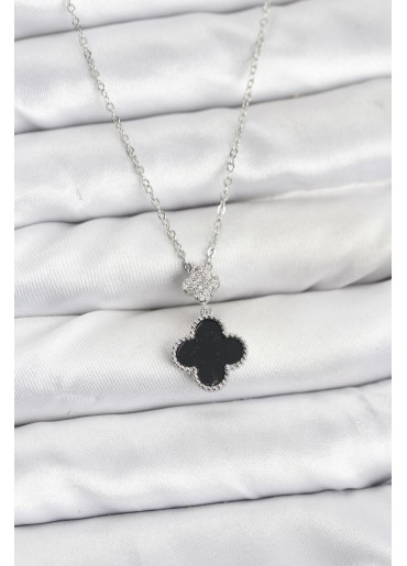 Erb 316L Çelik Zincir Gümüş Renk Yonca Model Zirkon Taşlı Kadın Kolye