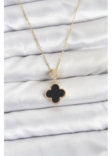 Erb 316L Çelik Zincir Gold Renk Yonca Model Zirkon Taşlı Kadın Kolye