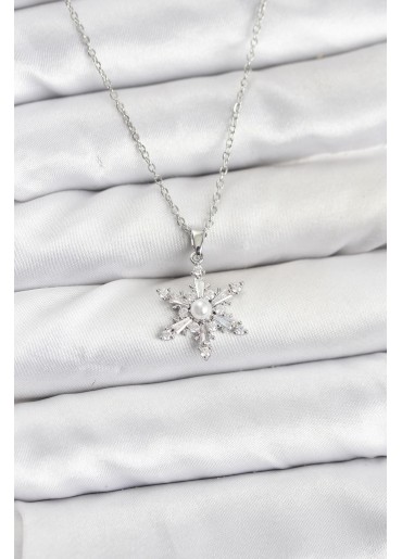 Erb 316L Çelik Zincir Gümüş Renk Kar Tanesi Model Zirkon Taşlı Kadın Kolye