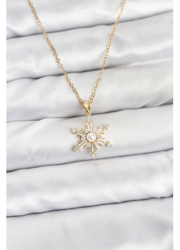 Erb 316L Çelik Zincir Gold Renk Kar Tanesi Model Zirkon Taşlı Kadın Kolye