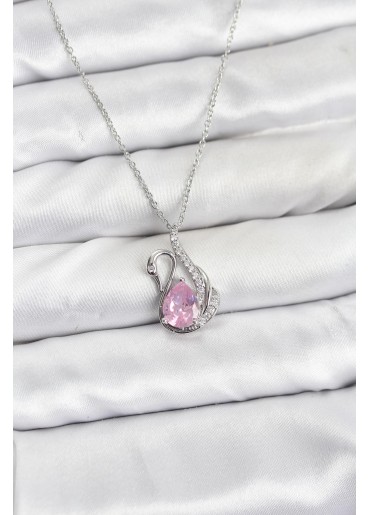 Erb 316L Çelik Zincir Gümüş Renk Pembe Kuğu Model Zirkon Taşlı Kadın Kolye