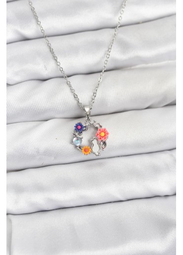 Erb 316L Çelik Zincir Gümüş Renk Çiçekli Kedili Model Kadın Kolye