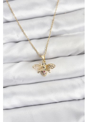 Erb 316L Çelik Zincir Gold Renk Sinek Model Zirkon Taşlı Kadın Kolye
