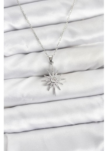Erb 316L Çelik Zincir Gümüş Renk Kutup Yıldızı Model Zirkon Taşlı Kadın Kolye