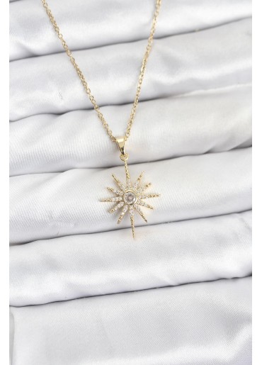 Erb 316L Çelik Zincir Gold Renk Kutup Yıldızı Model Zirkon Taşlı Kadın Kolye