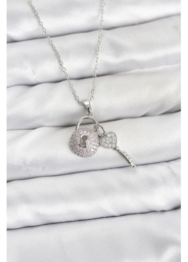 Erb 316L Çelik Zincir Gümüş Renk Kilit Anahtar Model Zirkon Taşlı Kadın Kolye