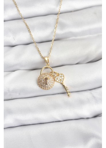 Erb 316L Çelik Zincir Gold Renk Kilit Anahtar Model Zirkon Taşlı Kadın Kolye