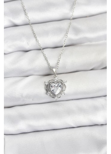 Erb 316L Çelik Zincir Gümüş Renk Kalp Model Zirkon Taşlı Kadın Kolye