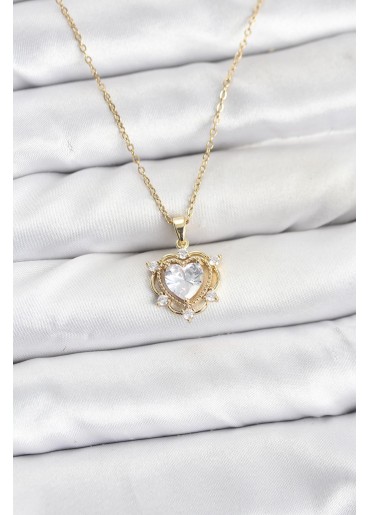 Erb 316L Çelik Zincir Gold Renk Kalp Model Zirkon Taşlı Kadın Kolye