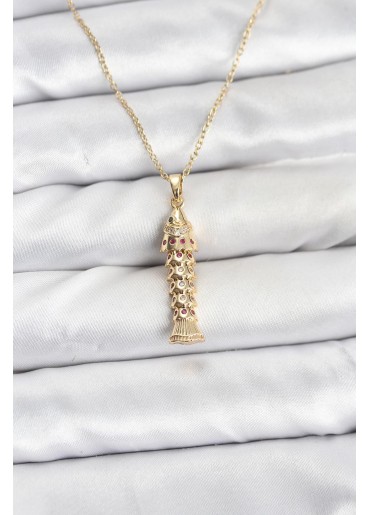 Erb 316L Çelik Zincir Gold Renk Balık Model Zirkon Taşlı Kadın Kolye