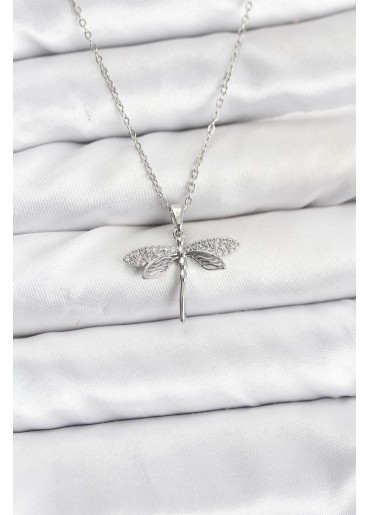 Erb 316L Çelik Zincir Gümüş Renk Yusufçuk Model Zirkon Taşlı Kadın Kolye