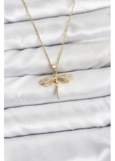 Erb 316L Çelik Zincir Gold Renk Yusufçuk Model Zirkon Taşlı Kadın Kolye