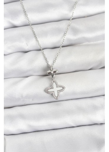 Erb 316L Çelik Zincir Gümüş Renk 4 Yapraklı Yonca Model Zirkon Taşlı Kadın Kolye