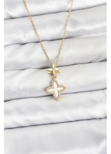 Erb 316L Çelik Zincir Gold Renk 4 Yapraklı Yonca Model Zirkon Taşlı Kadın Kolye