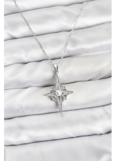 Erb 316L Çelik Zincir Gümüş Renk Kutup Yıldızı Model Zirkon Taşlı Kadın Kolye