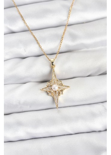 Erb 316L Çelik Zincir Gold Renk Kutup Yıldızı Model Zirkon Taşlı Kadın Kolye