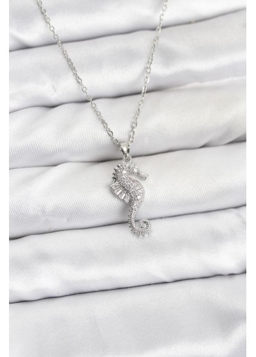 Erb 316L Çelik Zincir Gümüş Renk Deniz Atı Model Zirkon Taşlı Kadın Kolye