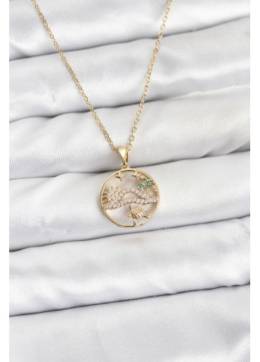 Erb 316L Çelik Zincir Gold Renk Şans Kolyesi Model Zirkon Taşlı Kadın Kolye