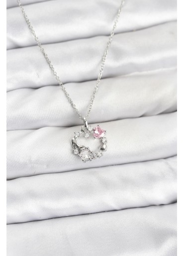 Erb 316L Çelik Zincir Gümüş Renk Pembe Taş Detaylı Çelenk Model Kadın Kolye