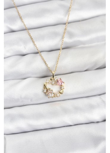 Erb 316L Çelik Zincir Gold Renk Pembe Taş Detaylı Çelenk Model Kadın Kolye