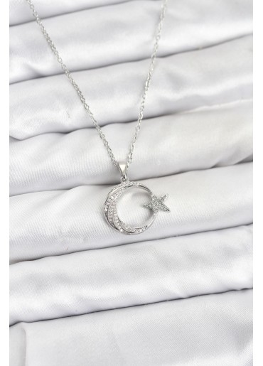 Erb 316L Çelik Zincir Gümüş Renk Ay Yıldız Model Zirkon Taşlı Kadın Kolye