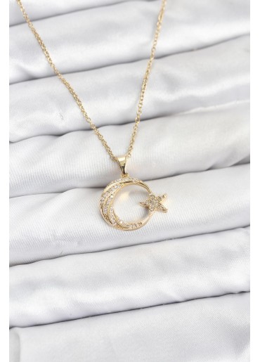 Erb 316L Çelik Zincir Gold Renk Ay Yıldız Model Zirkon Taşlı Kadın Kolye