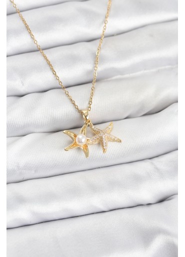 Erb 316L Çelik Zincir Gold Renk Deniz Yıldızı Model Zirkon Taşlı Kadın Kolye