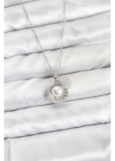 Erb 316L Çelik Zincir Gümüş Renk İncili Deniz Kabuğu Model Zirkon Taşlı Kadın Kolye