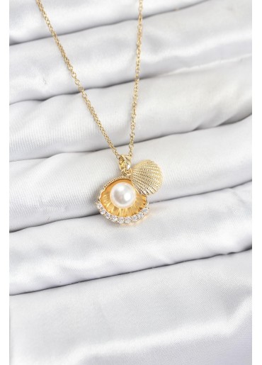 Erb 316L Çelik Zincir Gold Renk İncili Deniz Kabuğu Model Zirkon Taşlı Kadın Kolye