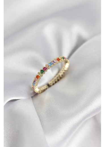 Erb Sıralı Karışık Renkli Gold Renk Zirkon Taşlı Kadın Yüzük