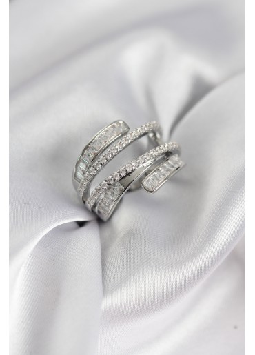 Erb Sarmal Zirkon Baget Taşlı Gümüş Renk Kadın Yüzük