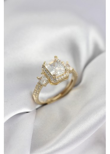 Erb Gold Renk Kare Baget Zirkon Taşlı Tek Taş Model Kadın Yüzük