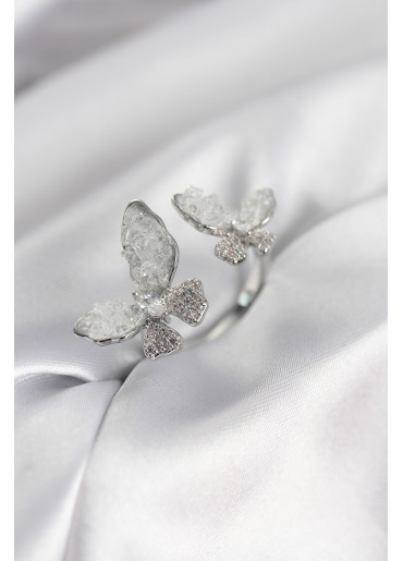 Erb Gümüş Renk Beyaz Kelebek Model Zirkon Taşlı Kadın Yüzük