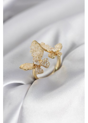 Erb Gold Renk Beyaz Kelebek Model Zirkon Taşlı Kadın Yüzük