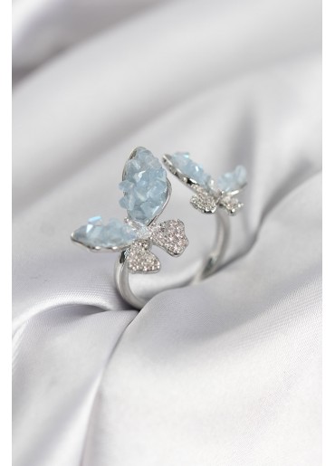 Erb Gümüş Renk Mavi Kelebek Model Zirkon Taşlı Kadın Yüzük