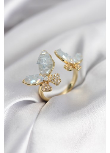 Erb Gold Renk Mavi Kelebek Model Zirkon Taşlı Kadın Yüzük