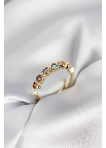 Erb Gold Renk Kalp Model Renkli Zirkon Taşlı Kadın Yüzük