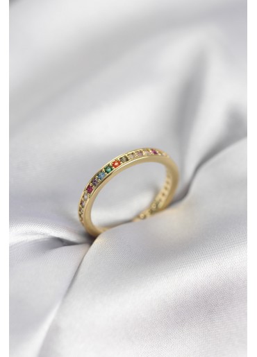 Erb Gold Renk Sıralı Renkli Zirkon Taşlı Kadın Yüzük