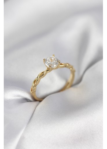 Erb Gold Renk Sarmal Zincir Model Tek Taş Model Zirkon Taşlı Kadın Yüzük