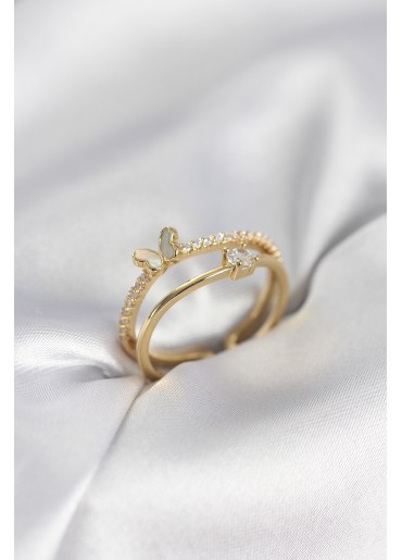 Erb Gold Renk 2\'li Zirkon Taşlı Kelebek Model Kadın Yüzük