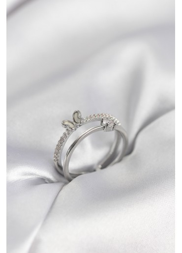 Erb Gümüş Renk 2\'li Zirkon Taşlı Kelebek Model Kadın Yüzük