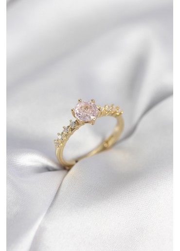 Erb Gold Renk Pembe Tek Taş Model Zirkon Taşlı Kadın Yüzük