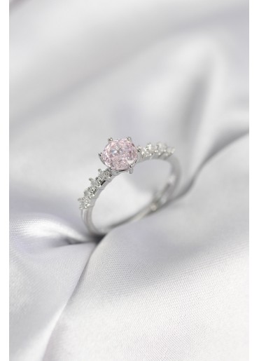 Erb Gümüş Renk Pembe Tek Taş Model Zirkon Taşlı Kadın Yüzük